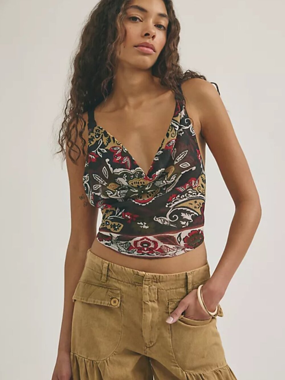 NWT Free People Laila Cowl Neck Braided Strap Cotton Crop Tank Top M